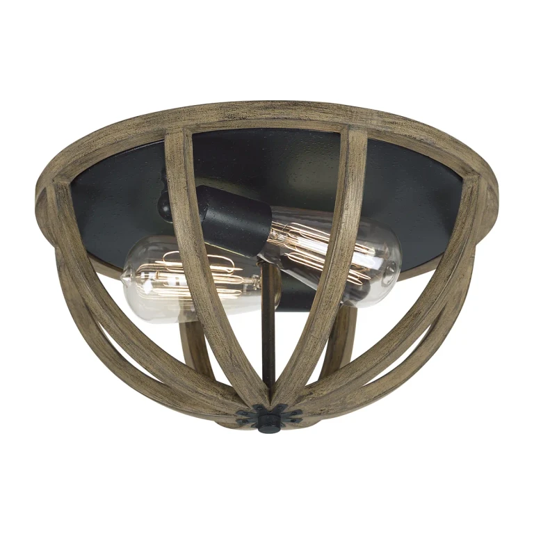 Visual Comfort Studio Allier 2-Light Ceiling Light in Weathered Oak Wood And Antique Forged Iron by Sean Lavin