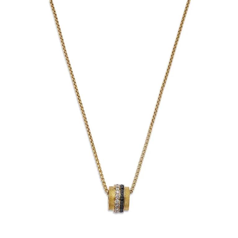 Black & White Diamond Rolling Barrel Pendant Necklace in 14K Yellow Gold, 1.0 tcw
