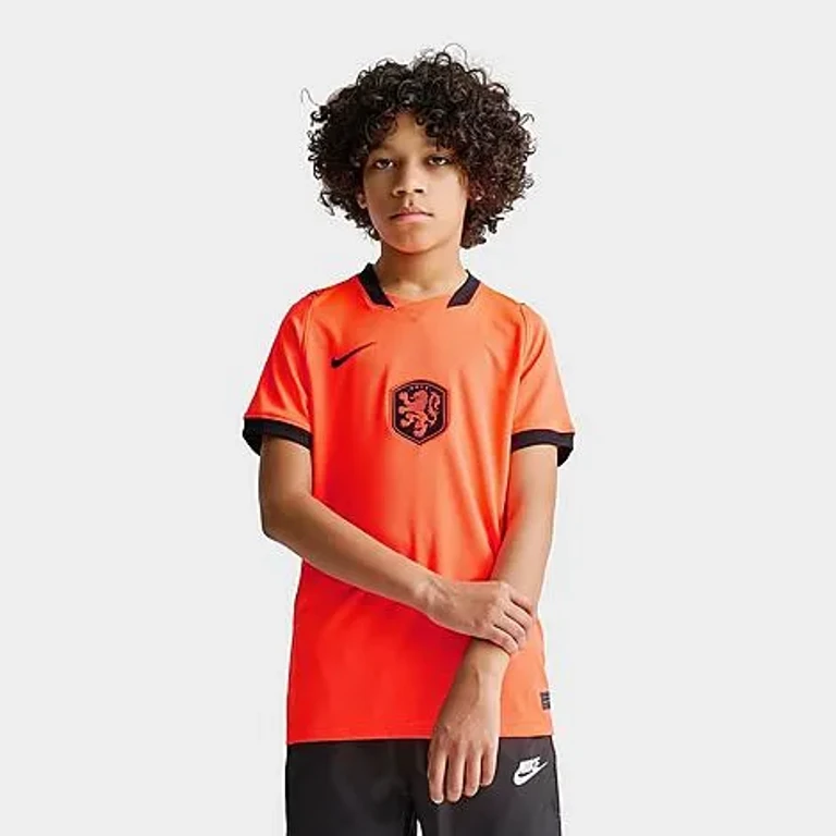 Nike Big Kids Netherlands 26 Stadium Home Dri-FIT Replica Soccer Jersey in Hyper Crimson/Black Size: XS