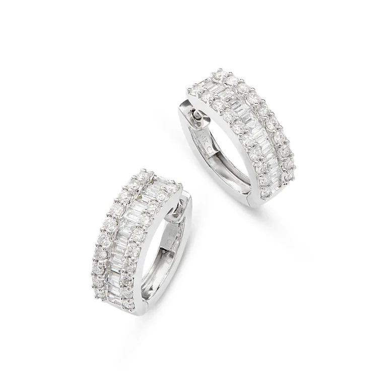 Diamond Baguette & Round Huggie Hoop Earring in 14K White Gold, 2.0 tcw