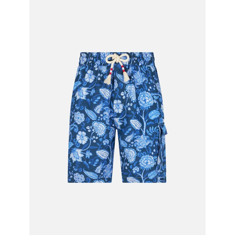 MC2 Saint Barth Man Linen Blue Bermuda Shorts With Flower Print