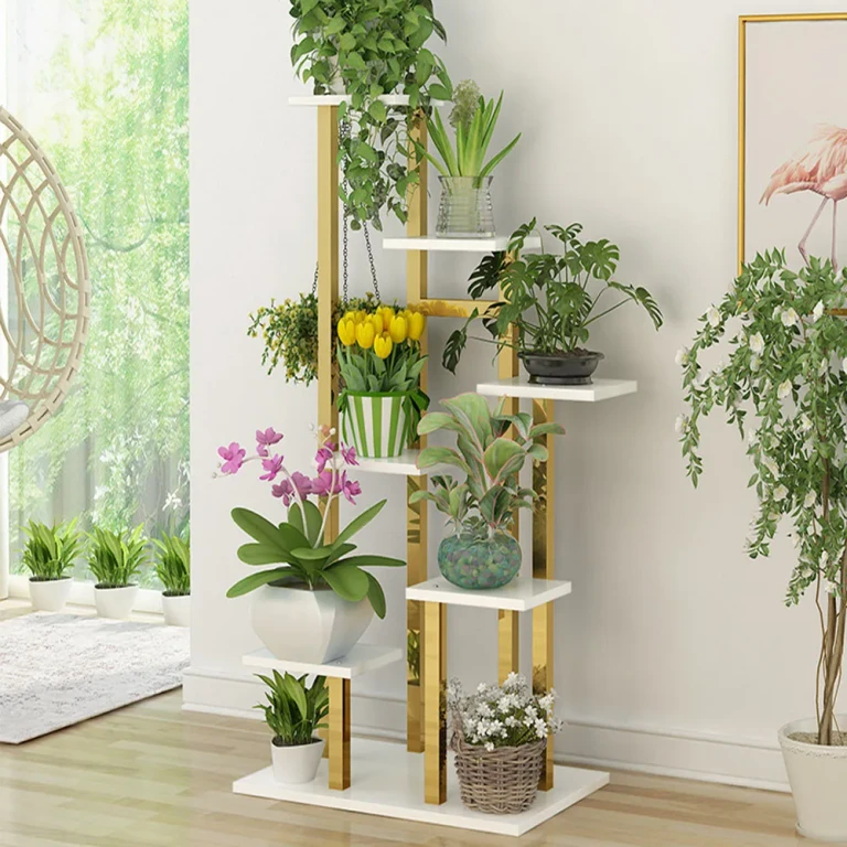 59.1" Tall Metal Plant Stand Indoor Modern 7 Tier Ladder Planter in Gold & White