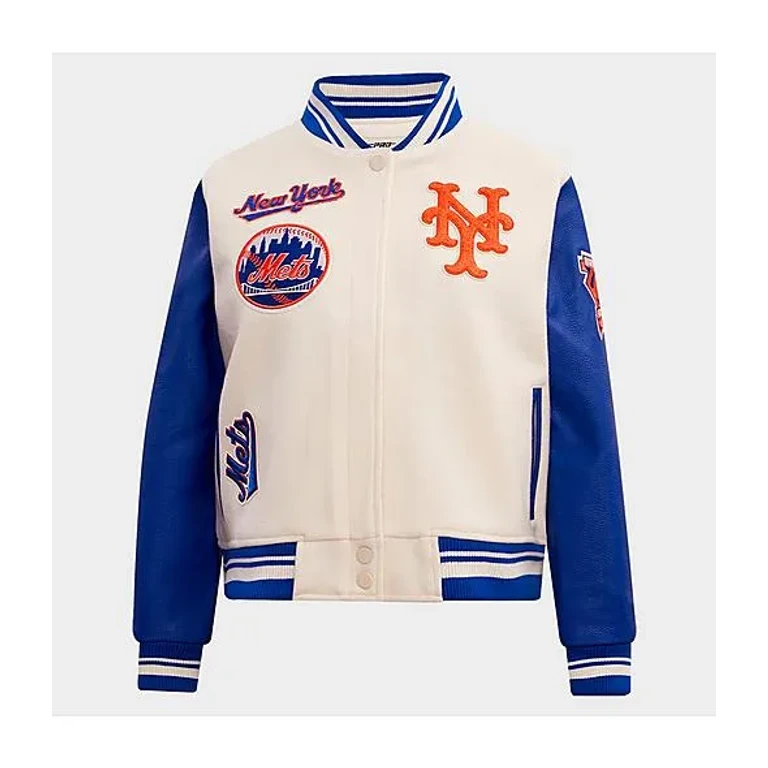 Pro Standard Women's New York Mets MLB Mash Up Rib Wool Varsity Jacket in Eggshell/Royal Blue Size: XS