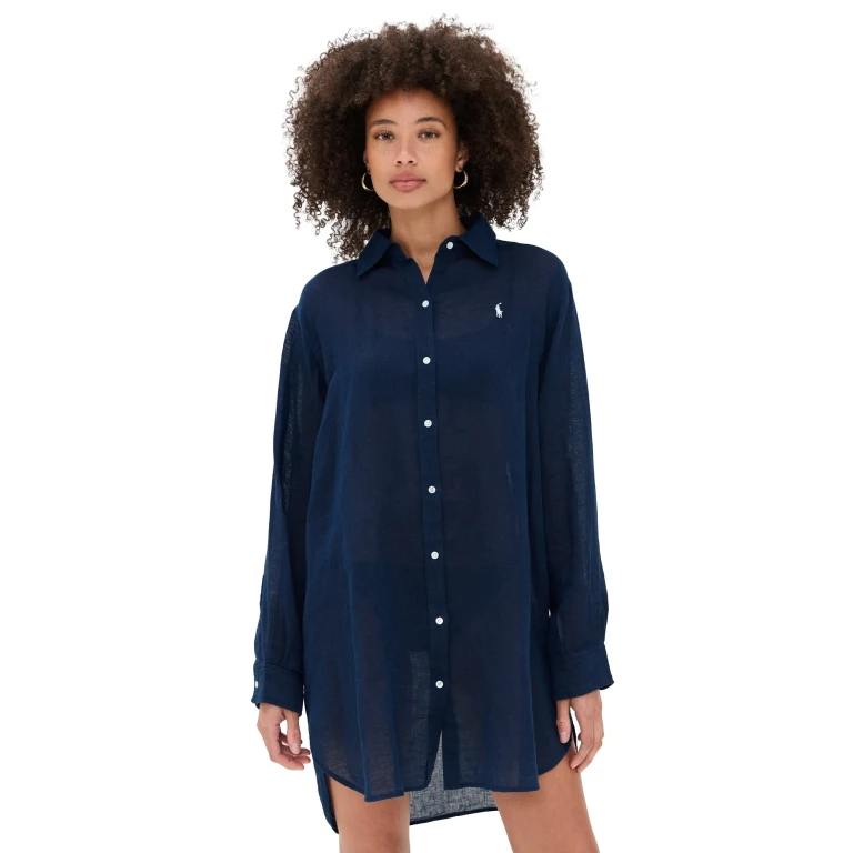 Polo Ralph Lauren Cotton Linen Boyfriend Shirt Navy Blue M