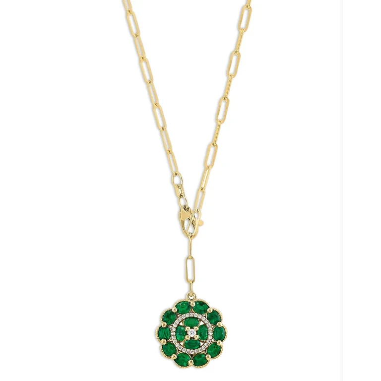 Emerald & Diamond Medallion Pendant Necklace in 14K Yellow Gold, 18