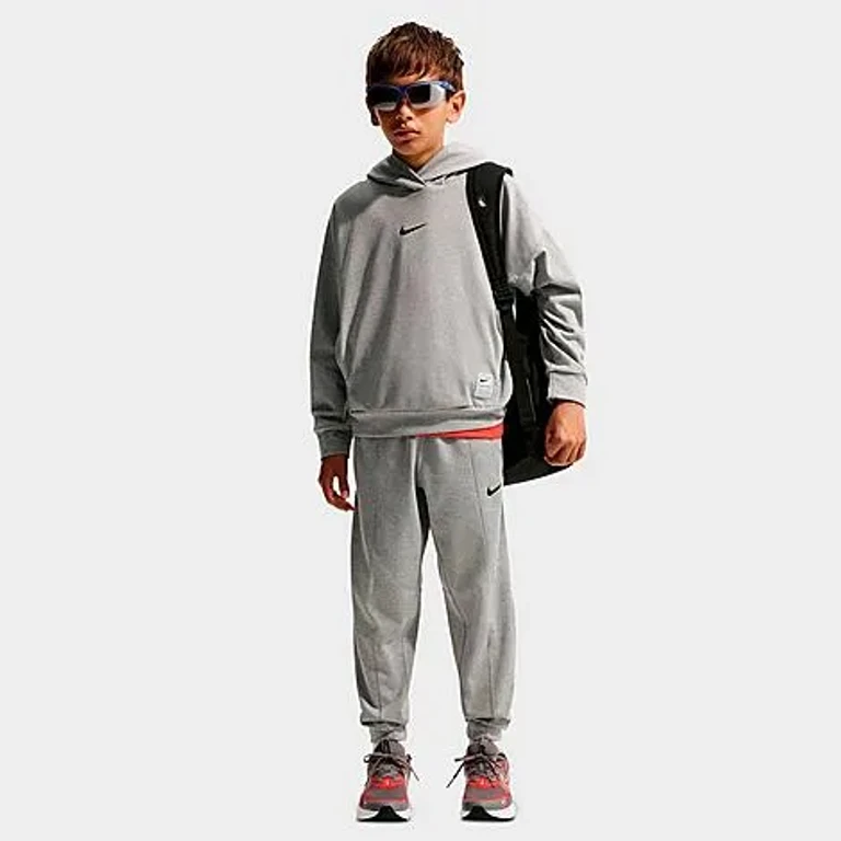 Nike Big Kids Pro Dri-FIT Fleece Jogger Pants in Dark Grey Heather/White/Black Size: XS
