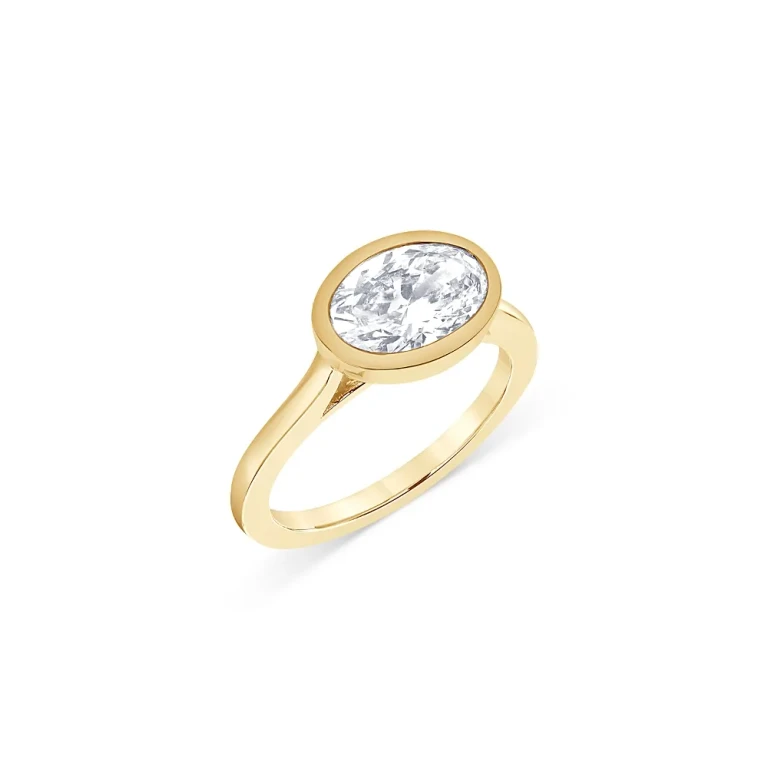 Certified Lab Grown Oval Diamond Bezel Set Engagement Ring in 18K Yellow Gold, 2.0 tcw