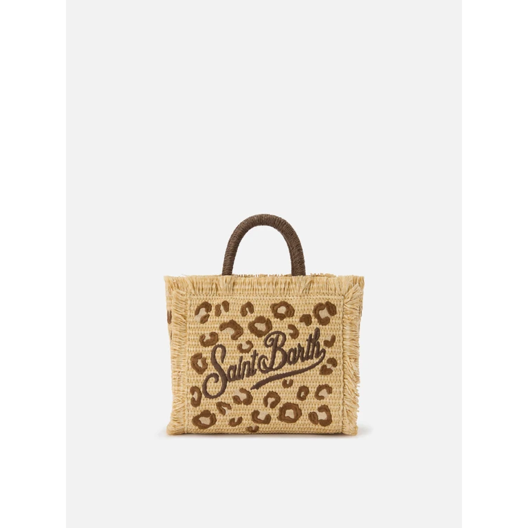 Mc2 Saint Barth Vanity Mini Straw Effect Bag With Leopard Embroidery Brown - Unisex