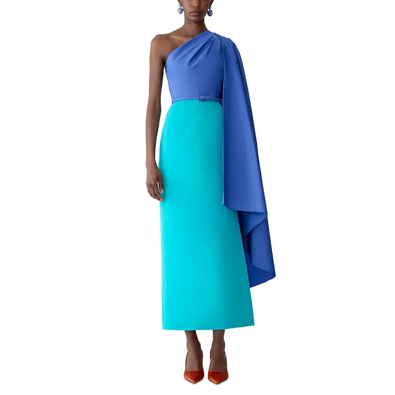 Carolina Herrera Drape Shoulder Belted Silk Dress