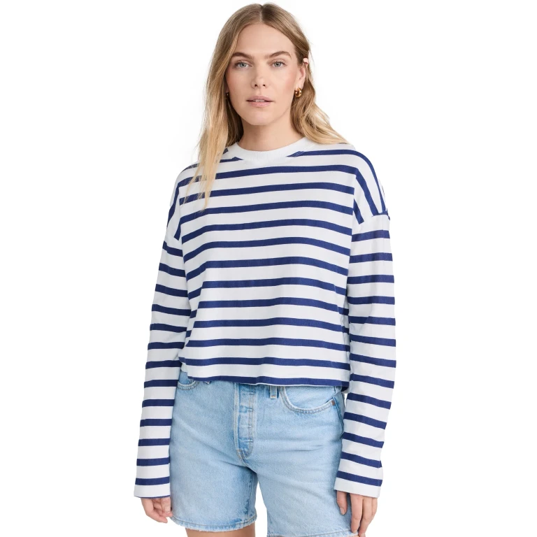 ASKK NY Printed Cropped Long Sleeve Top Thin Navy Stripe 3