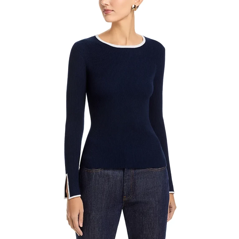 T Tahari Long Bell Sleeved Rib Contrast Tipping Crewneck Pullover Sweater