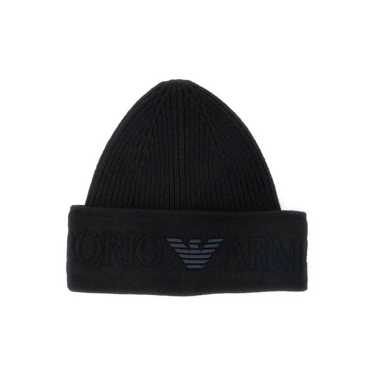 Emporio Armani Black Beanie With Maxi Logo Embroidery On The Front In Wool Man