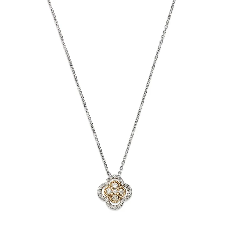 Diamond Clover Cluster Pendant Necklace in 14K Yellow Gold and White Gold, 0.30 tcw