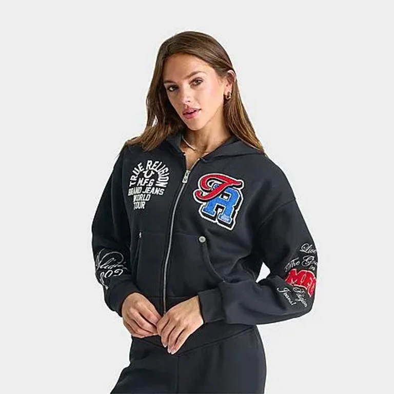 True Religion Women's Crystal Patch Cropped Full-Zip Hoodie in Black Size: XS