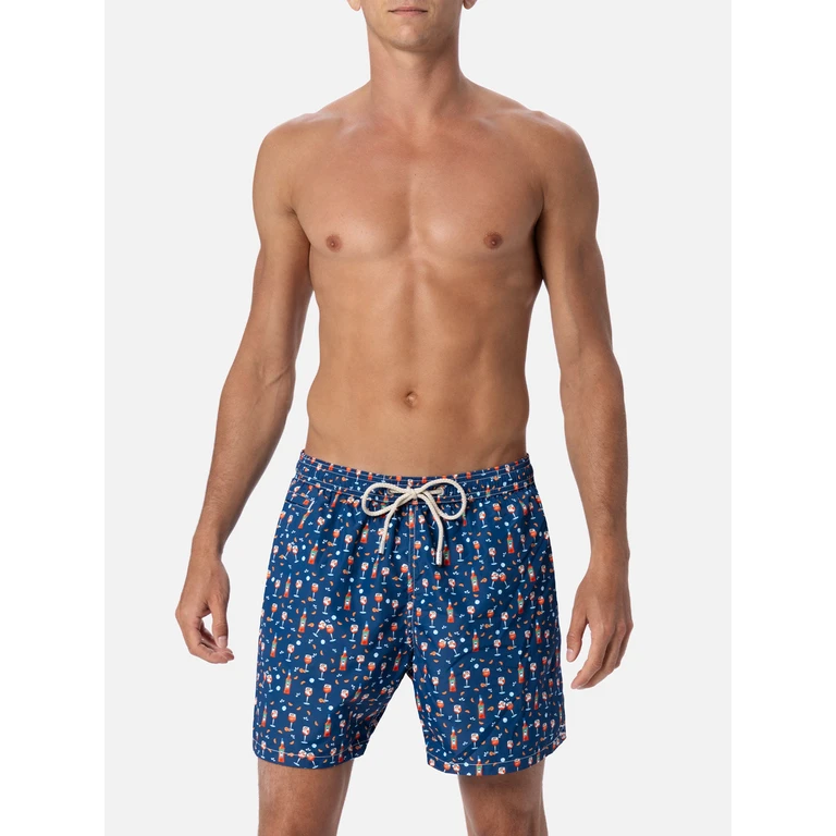 Mc2 Saint Barth Man Lightweight Fabric Swim-Shorts Lighting Micro Fantasy With Aperol Spritz Print Special Edition Blue Swimshort - Men