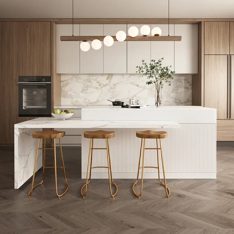 81"-106" Extendable Kitchen lsland Marble Pattern Top with Drawers White Modern