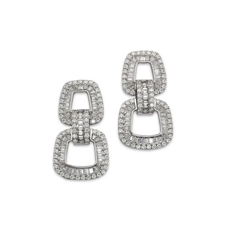 Diamond Round & Baguette Geometric Drop Earrings in 14K White Gold, 4.25 tcw