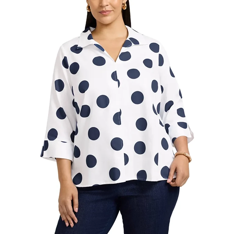 Foxcroft Plus Agnes 3/4 Sleeved Dot Shirt