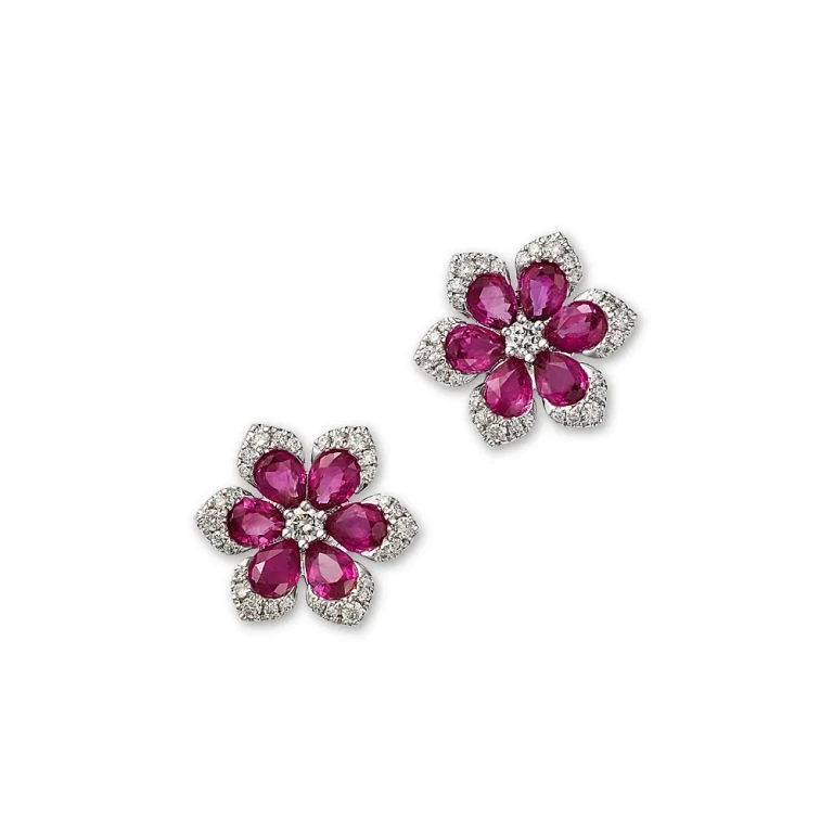 Ruby & Diamond Flower Stud Earrings 14K White Gold