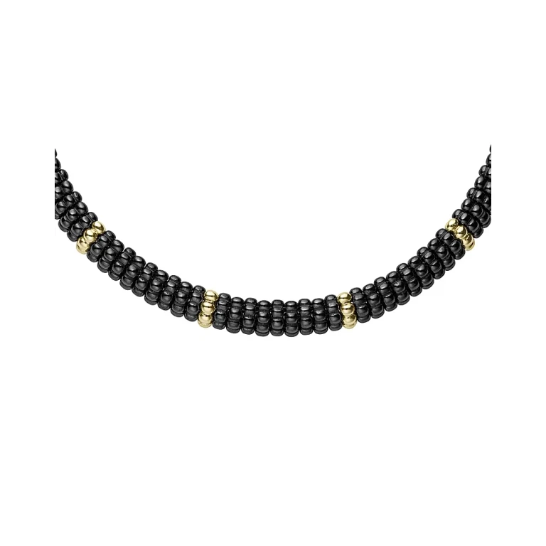 Lagos Gold & Black Caviar Collection 18K Gold & Ceramic Twelve Station Collar Necklace, 16