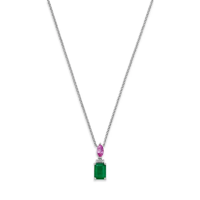 Emerald, Pink Sapphire & Diamond Pendant Necklace in White Gold, 18