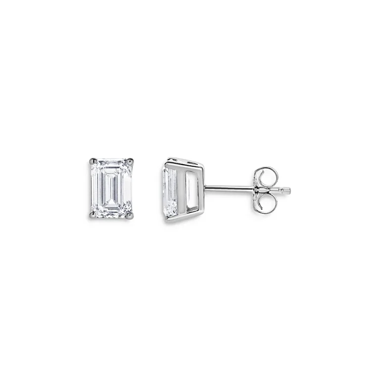 Certified Lab Grown Emerald-Cut Diamond Stud Earrings in 18K White Gold, 2.0 tcw