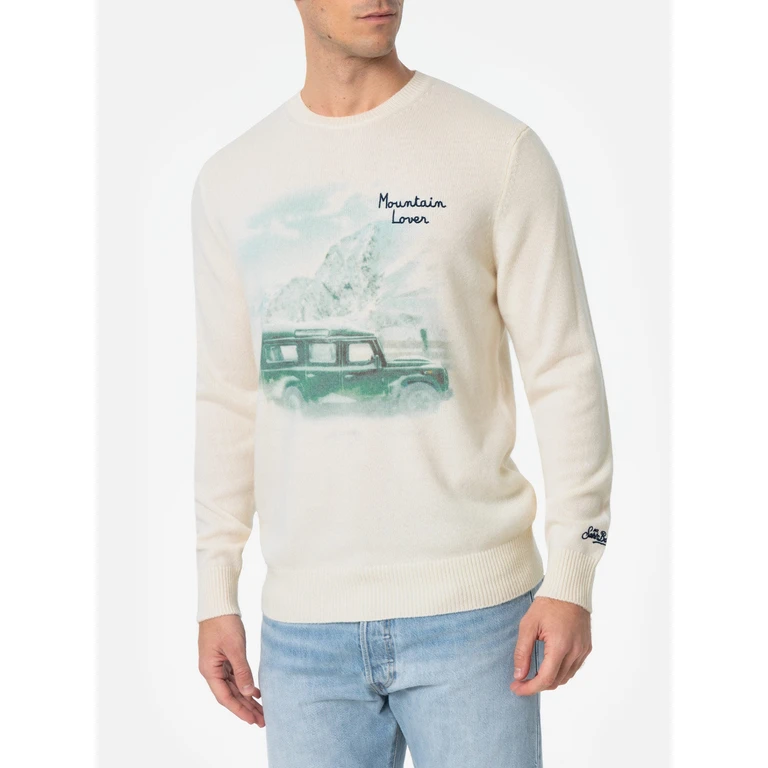 Mc2 Saint Barth Crewneck Sweater Heron With Print And Mountain Lover Embroidery White - Men