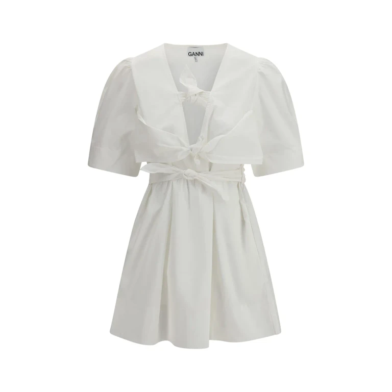 Ganni Mini Dress With A Deep V-neckline And Front Tie Bands