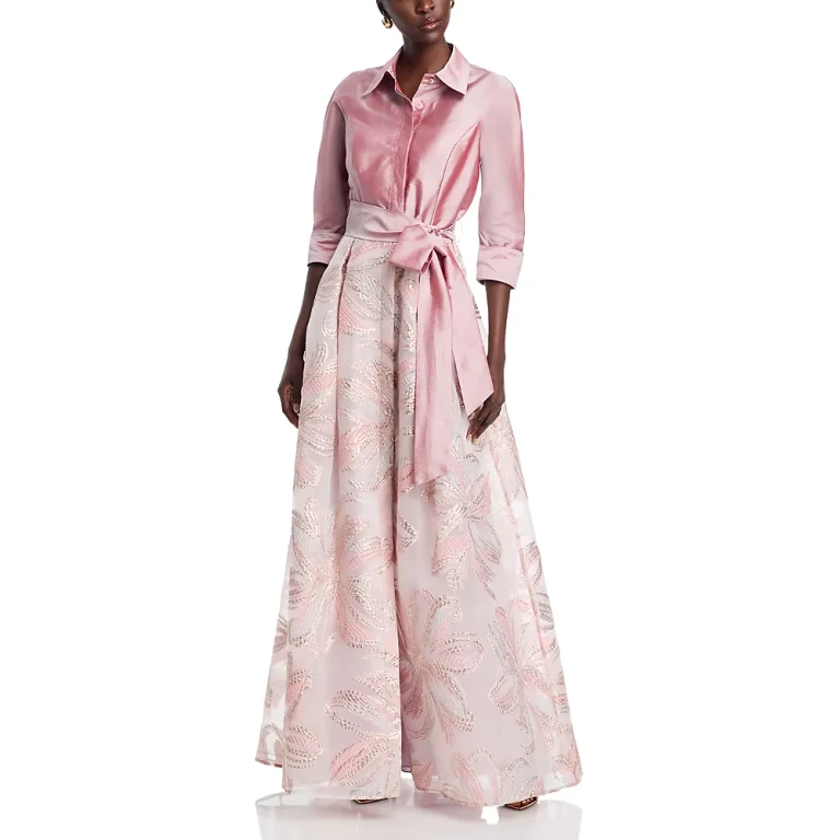 Teri Jon by Rickie Freeman Taffeta Metallic Tie Waist Shirt Dress Gown