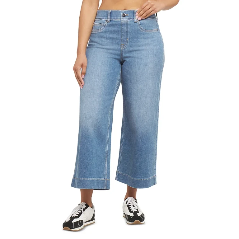 Spanx Cropped Wide Leg Jeans in Stonewashed Blue
