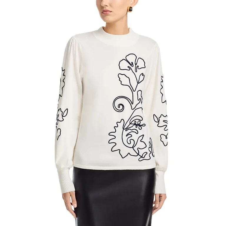 T Tahari Long Sleeved Embroidered Jersey Mock Neck Pullover Sweater