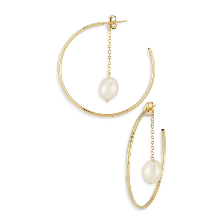 14K Yellow Gold Hoop Earrings with Cultured Freshwater Pearl - Exclusive