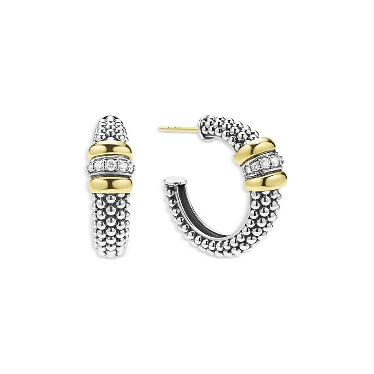 Lagos 18K Yellow Gold & Sterling Silver Signature Caviar Diamond Beaded Hoop Earrings