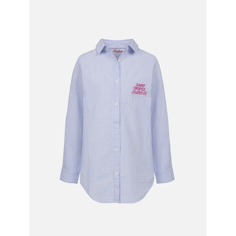 Mc2 Saint Barth Girl Striped Print Seersucker Over Shirt Mini Brigitte Sky