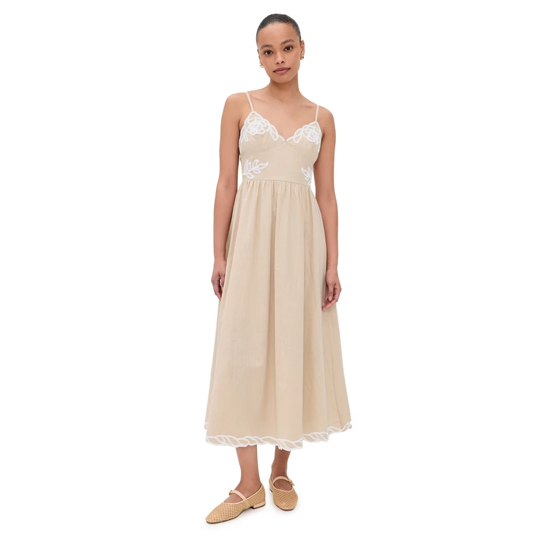 Moon River Spaghetti Strap Embo Artwork Midi Dress Taupe M