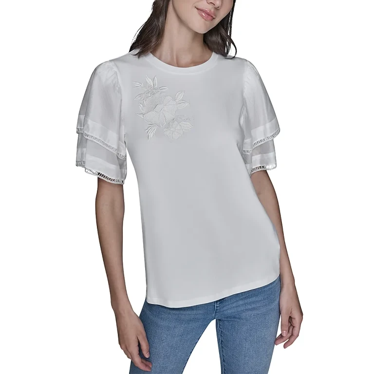 Karl Lagerfeld Paris Floral Knit Flutter Sleeve Top