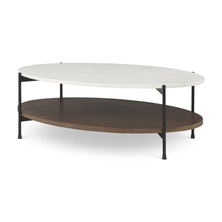 Larkin White Marble and Dark Brown Wood Oval Coffee Table
