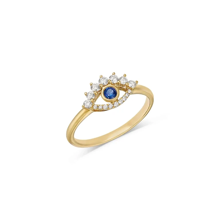 Blue Sapphire & Diamond Evil Eye Ring in 14K Yellow Gold