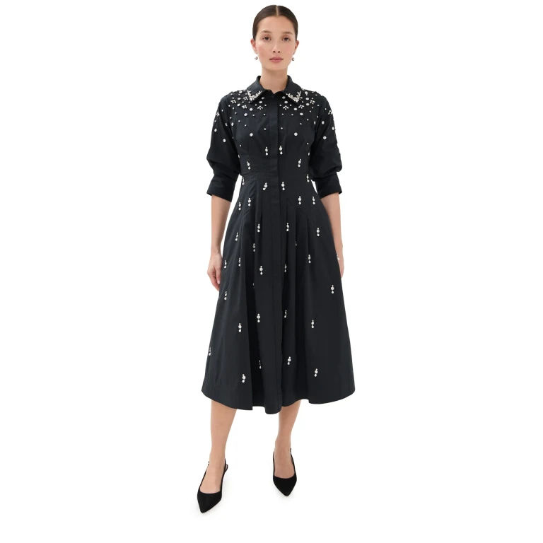 SIMKHAI Jazz Embellished Pintuck Midi Dress Black XS