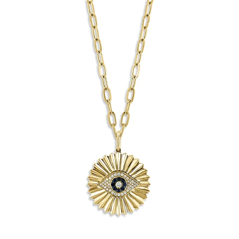 Blue Sapphire & Diamond Evil Eye Pendant Necklace in 14K Yellow Gold, 18