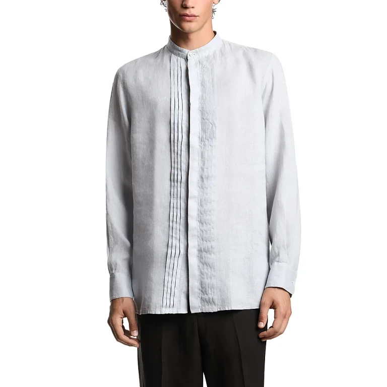 Emporio Armani Garment Dyed Linen Guru Collar Regular Fit Button Down Shirt