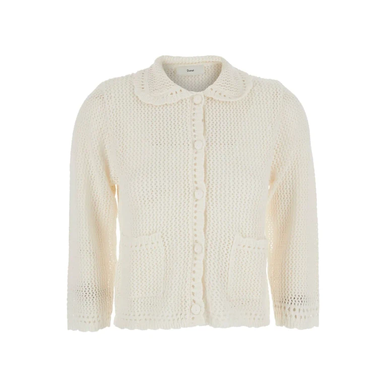 Dunst Collared Crochet Knit Cardigan White Sweater With Collar And Long Sleeves In Linen And Cotton For Women