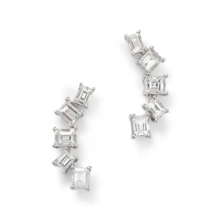 Diamond Baguette Curved Ear Climbers in 14K White Gold, 0.65 tcw