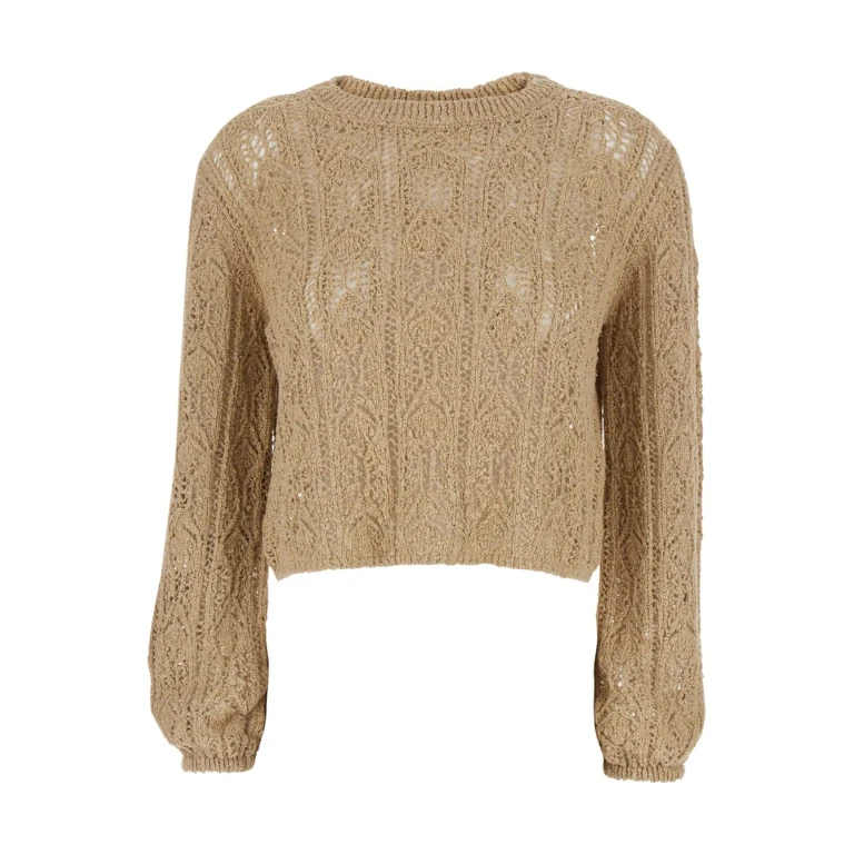 SEMICOUTURE Beige crop Crewneck Sweater With Elastic Hem And Perforated Design For Women