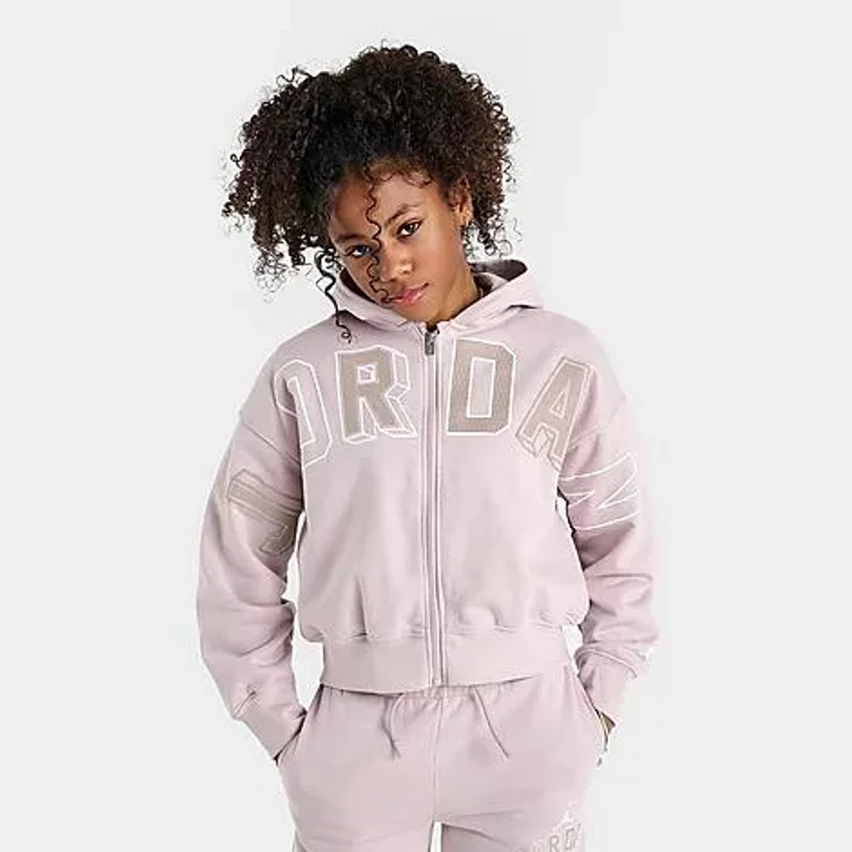 Jordan Girls' Big Kids Letterman Full-Zip Hoodie in Particle Rose Size: Small