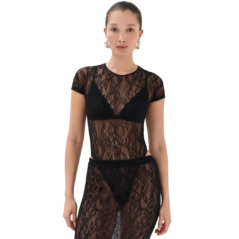 WARDROBE. NYC Lace Cap Sleeve Bodysuit Black M