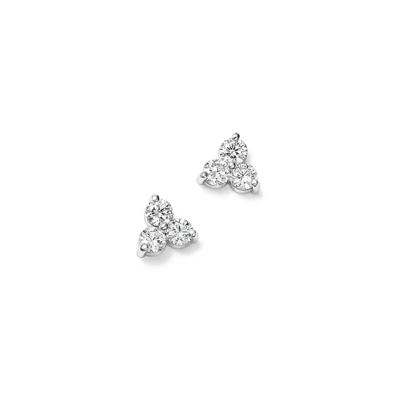 Diamond Three Stone Stud Earrings in 14K White Gold, 0.90 tcw