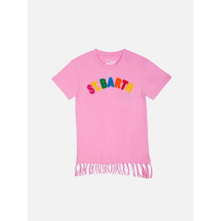 Mc2 Saint Barth Girl Cotton Dress With Fringes Pink