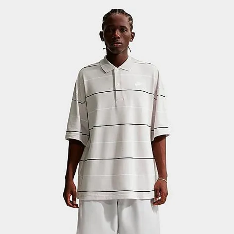 Nike Men's Sportswear Club Oversized Striped Polo Shirt in Vast Grey/White Size: XS