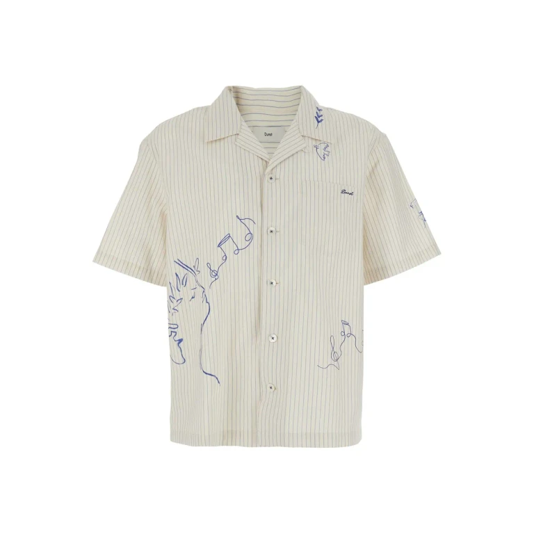 Dunst Blue Bowling Shirt With Cuban Collar And Front And Back Embellishment In Cotton Blend Unisex